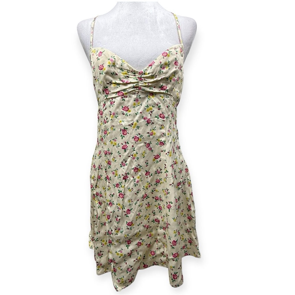 ZARA Floral Slip Dress Cream Pink Yellow Roses | Ruched Bust Midi Dress | M - Picture 3 of 10